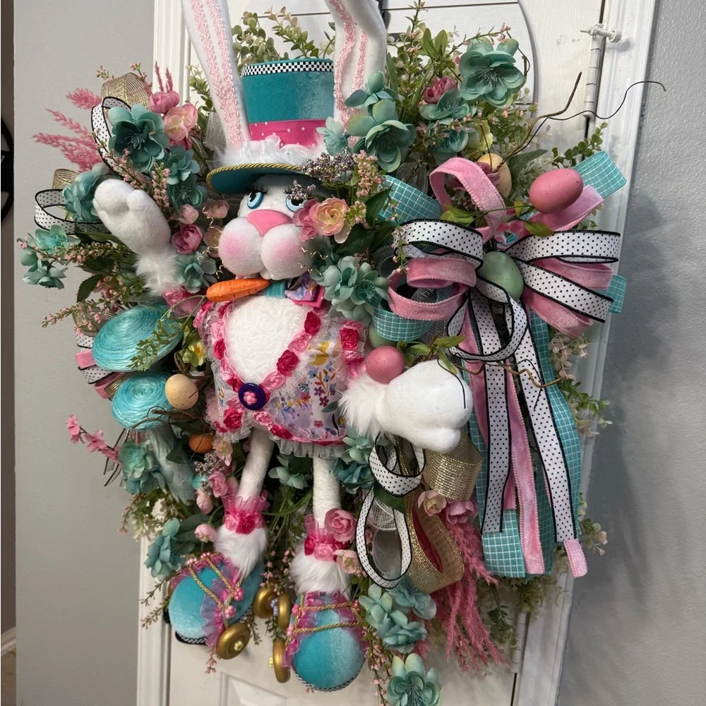 Spring Easter Bunny on Roller Skates Wreath